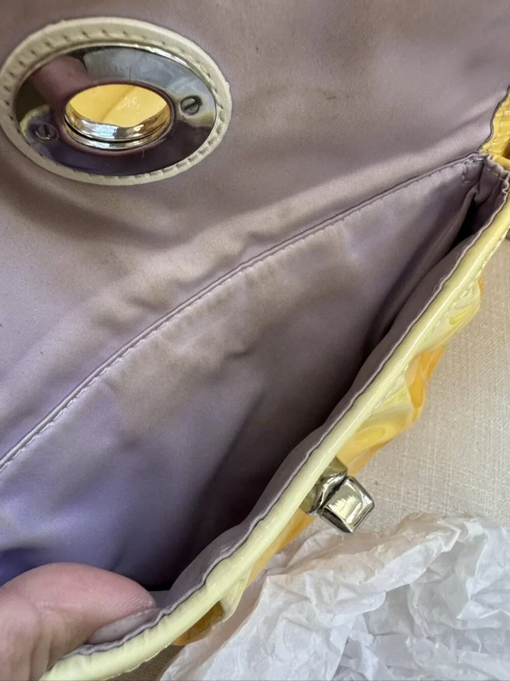 Coach Yellow Brown Leather Shoulder Bag Medium Patent Embossed Logo